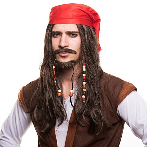 Piraten Piratin Seeräuber Perücke (Piratenperücke) mit Perlen und roten Bandana für das perfekte Piratenkostüm zum Fasching und Karneval… von Balinco