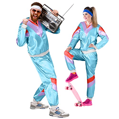 Balinco – Trainingsanzug 80er & 90er Jahre Outfit Retro Unisex – Assi Kostüm für Herren & Damen für Karneval, Fasching, Bad Taste & Mottopartys –Tracksuit Jacke & Hose Größe S-XXL – Hellblau-Lila-Rot von Balinco