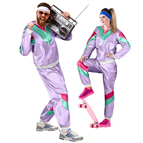 Balinco – Trainingsanzug 80er & 90er Jahre Outfit Retro Unisex – Assi Kostüm für Herren & Damen für Karneval, Fasching, Bad Taste & Mottopartys –Tracksuit Jacke & Hose Größe S-XXL – Lila-Grün-Pink von Balinco
