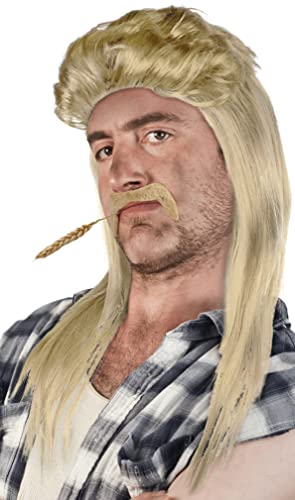 SET mit Vokuhila Perücke + Bart - Prollperücke Vokuhilaperücke Proll Pimp Blond Brünette Grau Schwarz (Hellblond + Bart) von Balinco