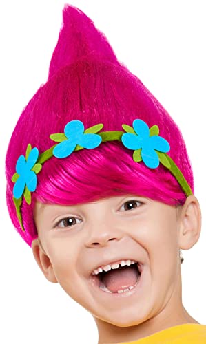 Troll Perücke für Mädchen & Jungen in pink, türkis und grün als Ergänzung für das Trolls Kostüm an Fasching und Karneval (Pink + Blumenkranz) von Balinco