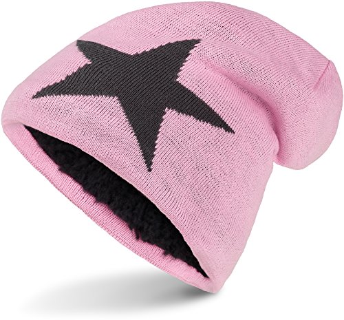 Balinco Warme Feinstrick Beanie Mütze mit Stern sehr weichem Innenfutter, Unisex (Light Pink (Dark Grey Star)) von Balinco