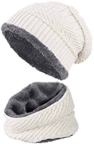 warm gefütterte Beanie + Schal mit Teddy-Fleece Fütterung mit Flechtmuster Wintermütze Einheitsgröße für Damen & Herren Mütze (4A) (Weiß/Grau) von Balinco