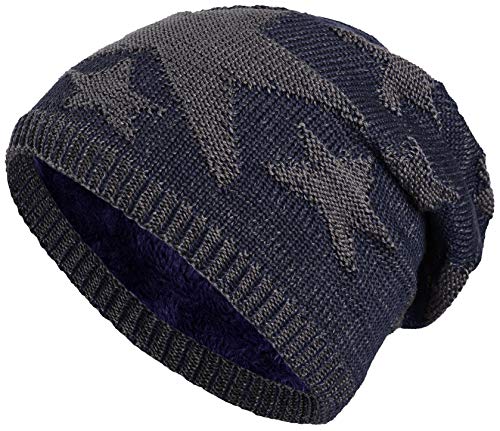 warm gefütterte Beanie mit Teddy-Fleece Fütterung und Sternen Muster Wintermütze Einheitsgröße für Damen & Herren Mütze (1A) (Dunkelblau) von Balinco