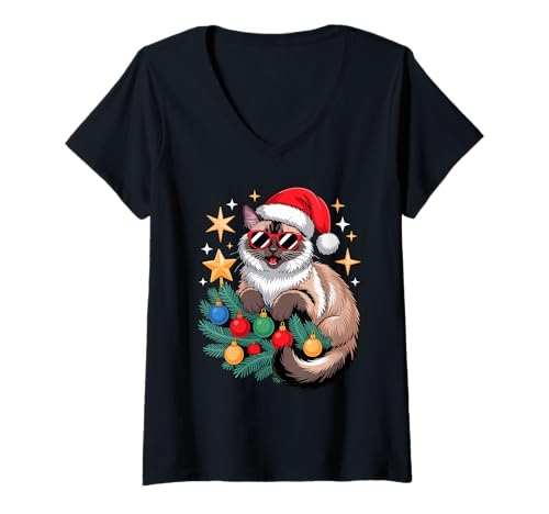 Damen Christmas Tree Balinese Cat Sunglasses Longhaired Siamese T-Shirt mit V-Ausschnitt von Balinese Cat Lover Gifts