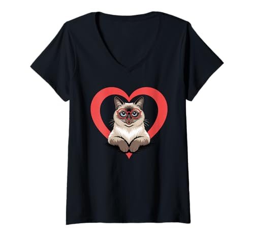 Damen Heart Balinese Cat Glasses Longhaired Siamese T-Shirt mit V-Ausschnitt Damen Heart Balinese Cat Glasses Longhaired Siamese T-Shirt mit V-Ausschnitt von Balinese Cat Lover Gifts