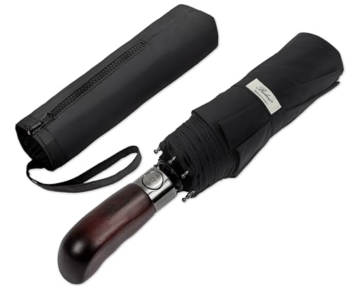 Balios® Regenschirm Mit Echtem Holzgriff -Optional | Auf Zu Automatik | Sturmfest & Windsicher | Taschenschirm Für Herren & Damen Schwarz (Designed in Britain) (BLACK with Luxury REAL WOOD Handle) von Balios