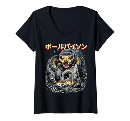 Damen Lustiger Ball Python Snake Kaiju Monster Japanisch T-Shirt mit V-Ausschnitt von Ball Python Snake Kaiju Monster Clothing
