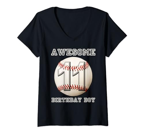 Damen 11. Geburtstagsparty für Jungen mit Baseballmotiv, 11 Jahre T-Shirt mit V-Ausschnitt von Baller Baseball Birthday Party Wear Co