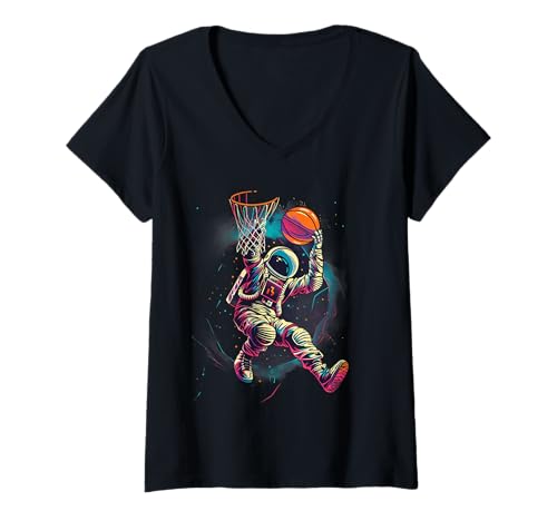 Damen Basketball Artwork Colorful Astronaut Basketball Player T-Shirt mit V-Ausschnitt von Baller Basketball Player Playing Basketball Sports