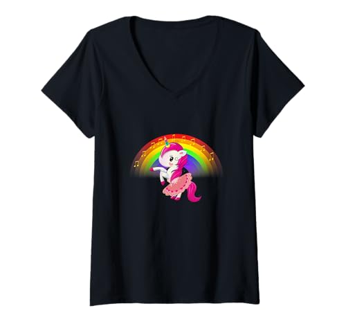 Damen Ballett Tanz Einhorn Kinder T-Shirt Regenbogen für Mädchen T-Shirt mit V-Ausschnitt von Ballerina Einhorn Kinder Shirt
