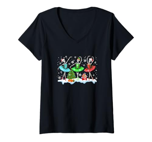 Damen Three Santa Elf Skeletons Dancer Dancing Christmas Tree Snow T-Shirt mit V-Ausschnitt Damen Three Santa Elf Skeletons Dancer Dancing Christmas Tree Snow T-Shirt mit V-Ausschnitt von Ballet Christmas Costume