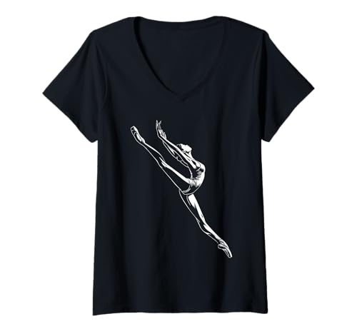 Damen Minimalistische Ballett Jete Pose Ballerina Tanzen T-Shirt mit V-Ausschnitt von Ballet Dancer Minimalism Design for Dance Practice