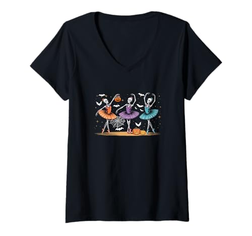 Damen Three Cute Skeletons Bow Tie Dancing Halloween Colorful T-Shirt mit V-Ausschnitt Damen Three Cute Skeletons Bow Tie Dancing Halloween Colorful T-Shirt mit V-Ausschnitt von Ballet Halloween Costume