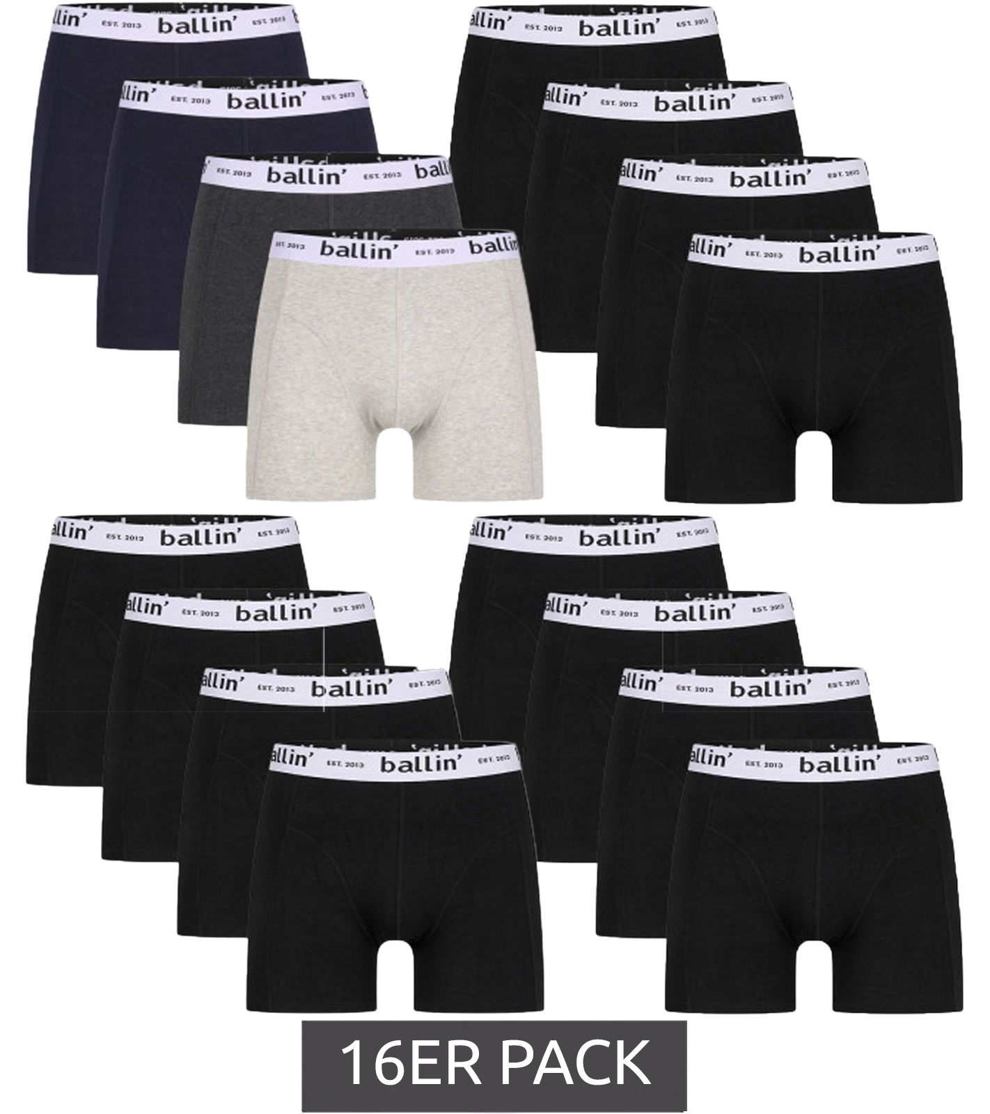 16er Pack Ballin Est. 2013 Herren Boxershorts mit Marken-Schriftzug am Bund Unterhose BOX-H00051 in Schwarz oder Schwarz, Navy, Anthrazit, Hellgrau von Ballin Est. 2013