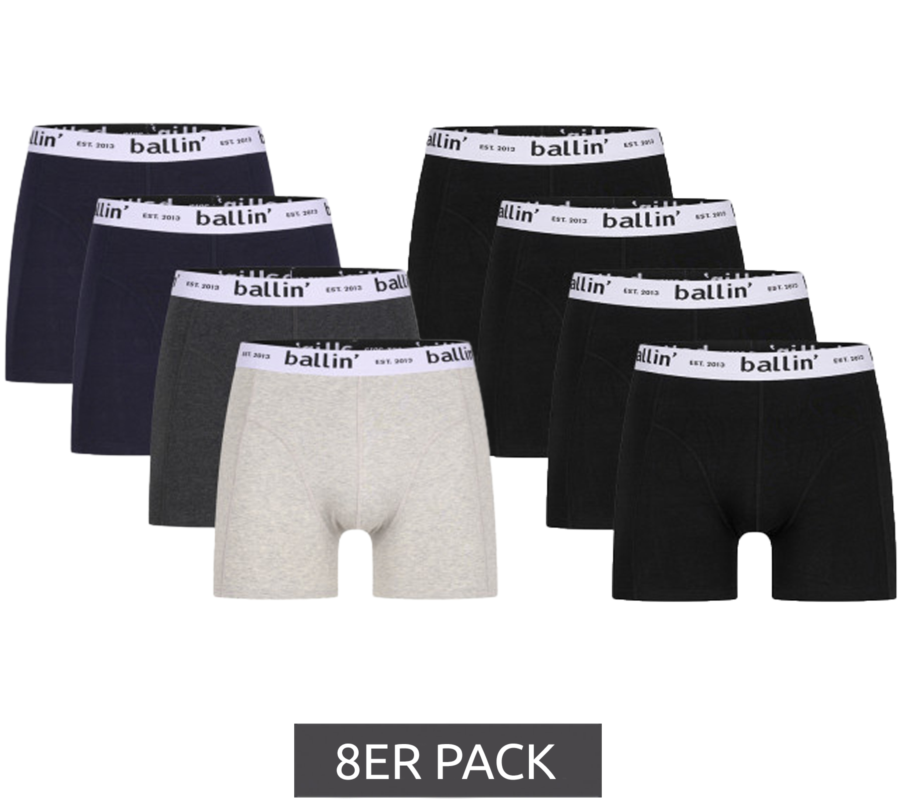 8er Pack Ballin Est. 2013 Herren Boxershorts mit Marken-Schriftzug am Bund Unterhose BOX-H00051 Schwarz, Navy, Anthrazit, Hellgrau von Ballin Est. 2013