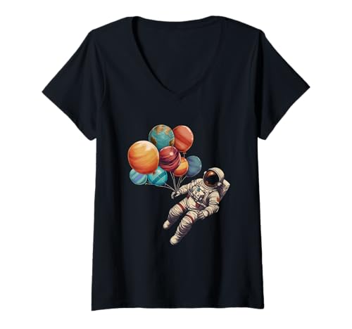 Damen Astronaut schwimmend mit Planetenballons - Surreal Outerspace T-Shirt mit V-Ausschnitt Damen Astronaut schwimmend mit Planetenballons - Surreal Outerspace T-Shirt mit V-Ausschnitt von BalloonPlanets