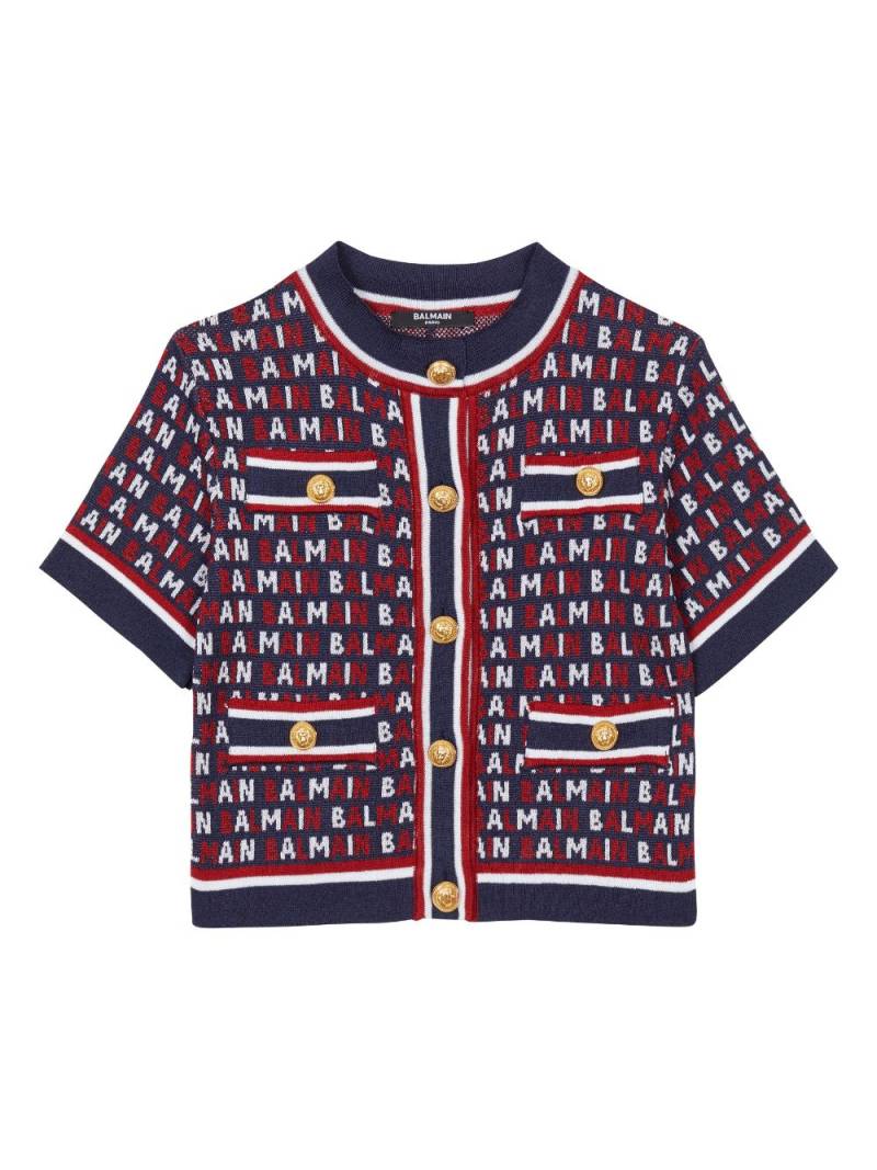 Balmain Kids Kurzärmeliger Cardigan aus Logo-Jacquard - Blau von Balmain Kids