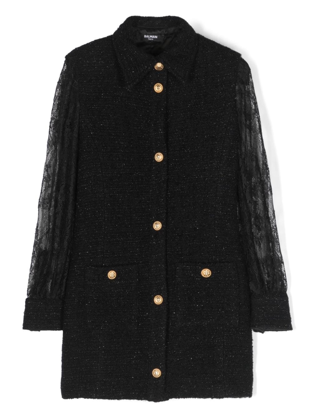 Balmain Kids Tweed-Hemdkleid mit Spitzenärmeln - Schwarz von Balmain Kids