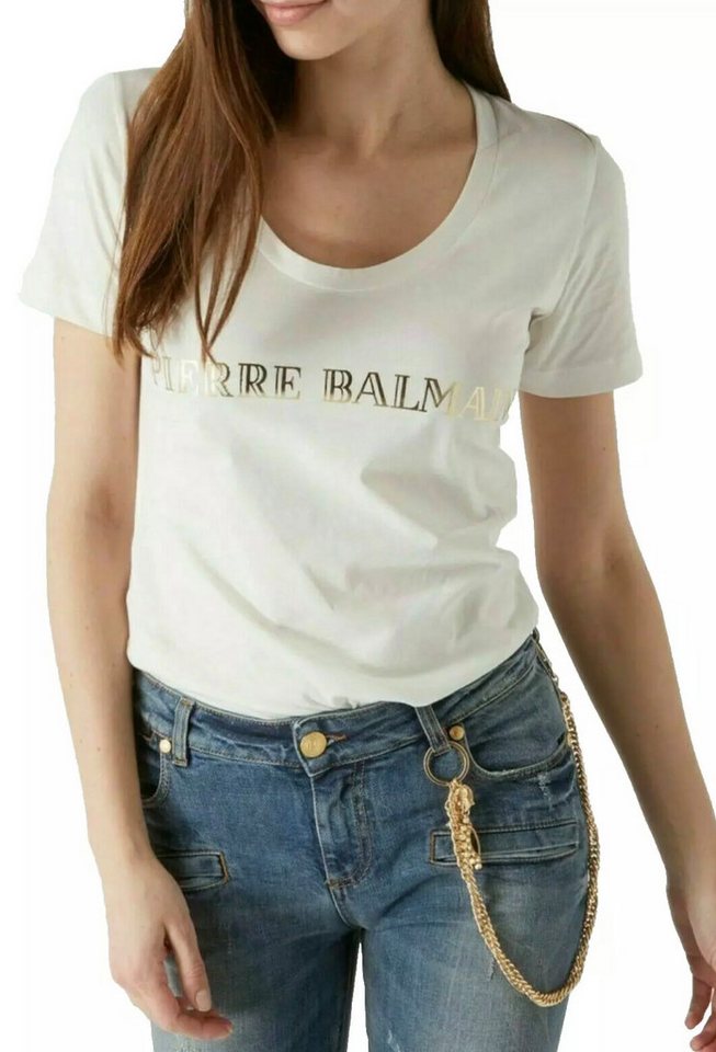 Balmain Paris T-Shirt Damen Pierre Balmain mit ikonischem Logo-Print Taillierter Schnitt, schmaler Passform, Goldfarbener Logo-Print von Balmain Paris