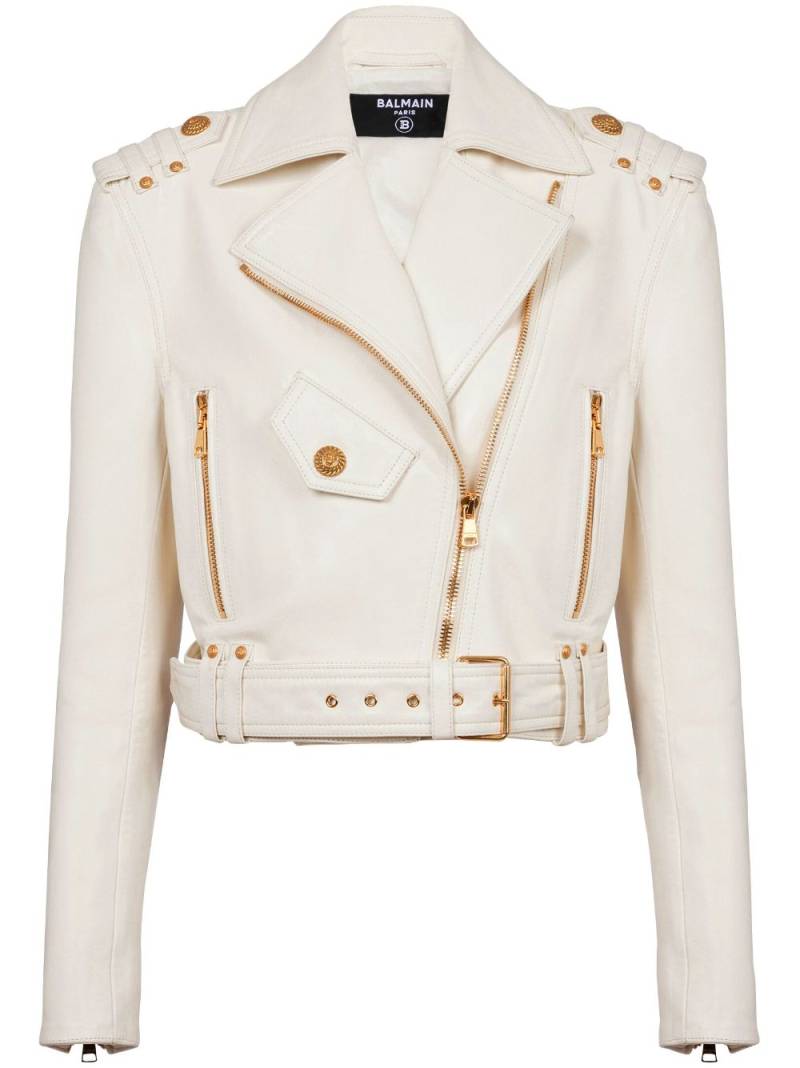 Balmain Cropped-Bikerjacke aus Leder - Nude von Balmain