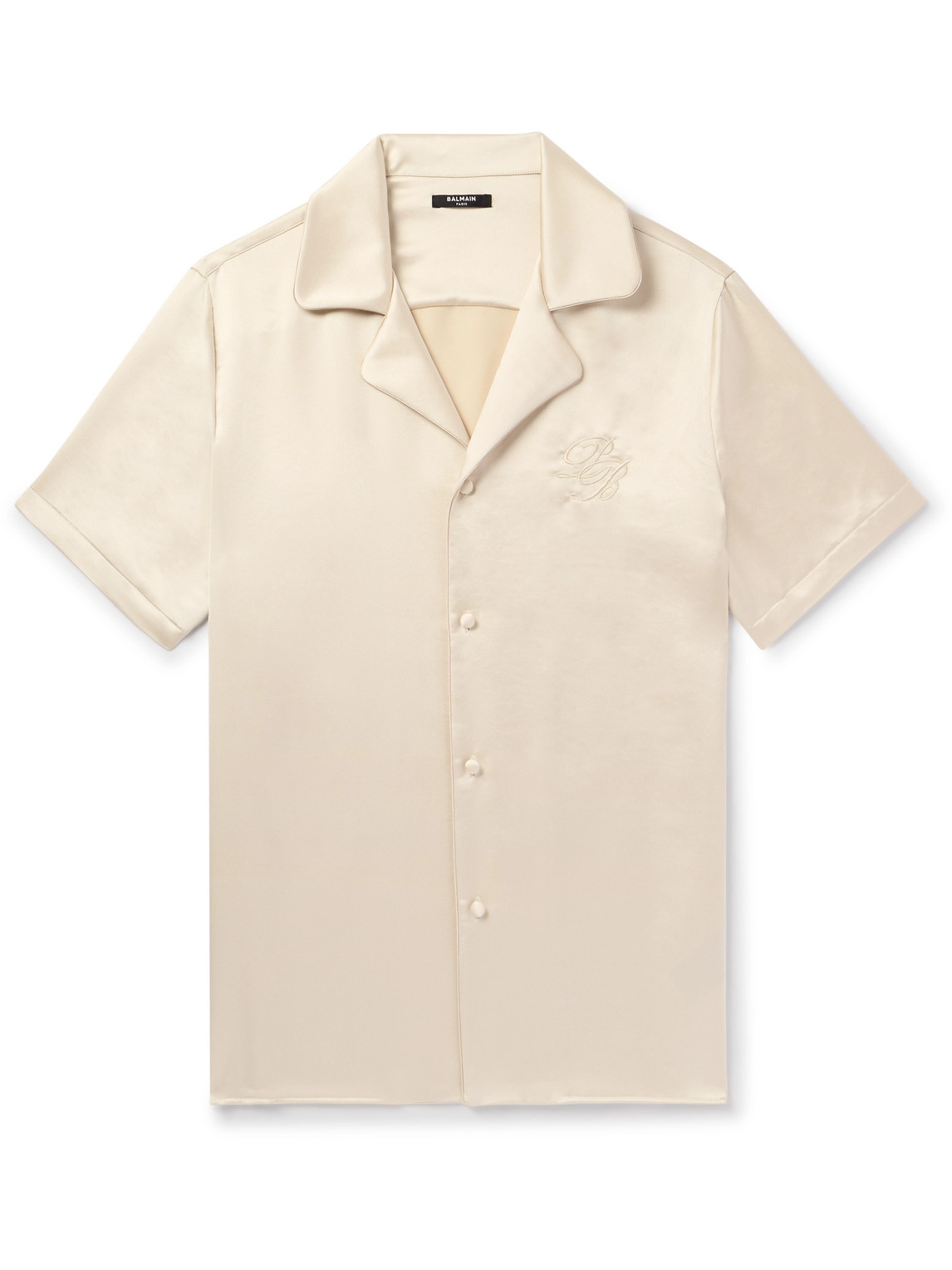 Balmain - Camp-Collar Logo-Embroidered Satin Shirt - Men - Neutrals - IT 56 von Balmain