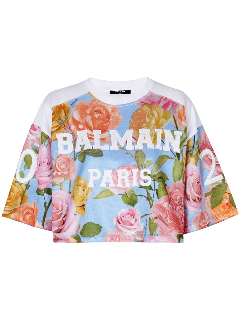 Balmain Cropped-T-Shirt mit Rosen-Print - Blau von Balmain