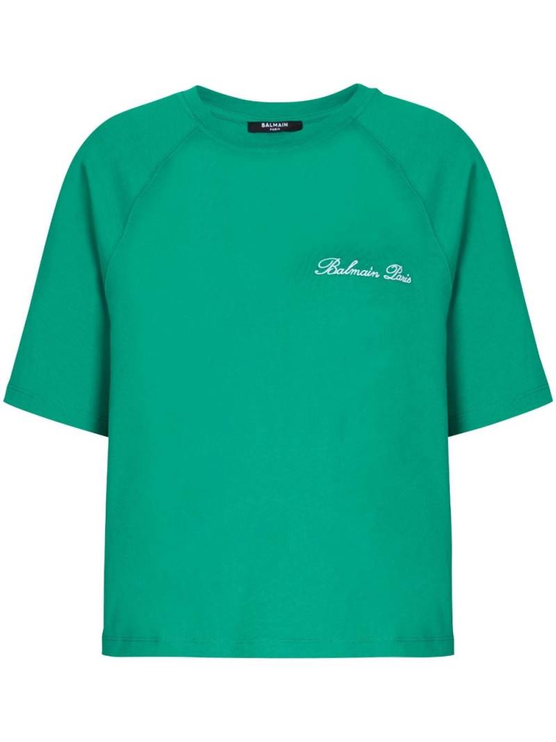 Balmain Cropped-T-Shirt mit Signature-Stickerei - Grün von Balmain