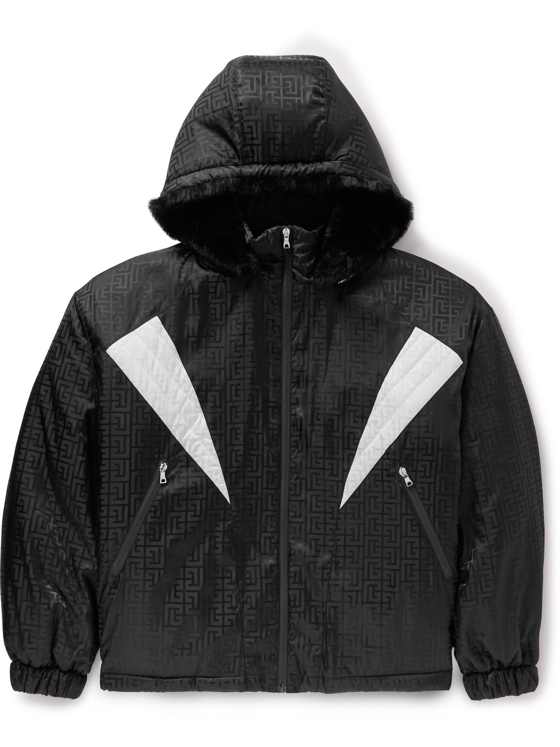 Balmain - Faux Fur-Trimmed Padded Monogrammed Shell Hooded Jacket - Men - Black - IT 44 von Balmain