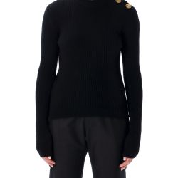 Balmain Schwarzer Rippstrickpullover Mit Goldknöpfen von Balmain