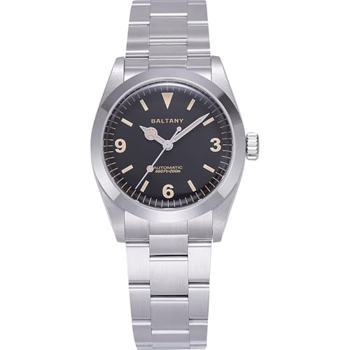 Baltany S4066 36 mm Explorer Homage Uhren Herren Wasserdicht 200 Meter Uhr NH38 Automatische mechanische Retro-Uhr (schwarzes Zifferblattarmband), Schwarzes Zifferblatt-Armband von Baltany