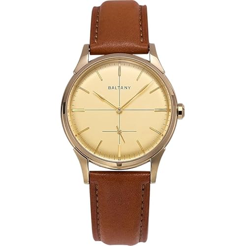 Baltany S4092 Mechanische Armbanduhr mit Fadenkreuzzifferblatt, 38,5 mm, Retro-Lederuhr für Herren mit Samll-Sekunde (automatisches goldfarbenes Zifferblatt, goldfarbenes Gehäuse) von Baltany