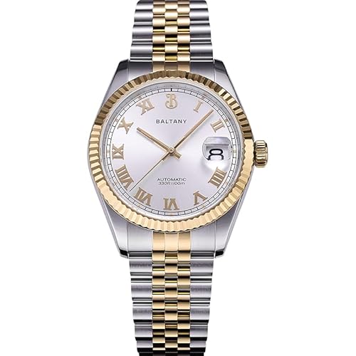 Baltany S4094 39 mm Automatikuhren mit römischen Ziffern, mechanische NH35 Datumsuhr mit angewendeten Stundenmarkierungen, Goldfarbenes Gehäuse, silberfarbenes Zifferblatt Baltany S4094 39 mm Automatikuhren mit römischen Ziffern, mechanische NH35 Datumsuhr mit angewendeten Stundenmarkierungen, Goldfarbenes Gehäuse, silberfarbenes Zifferblatt von Baltany