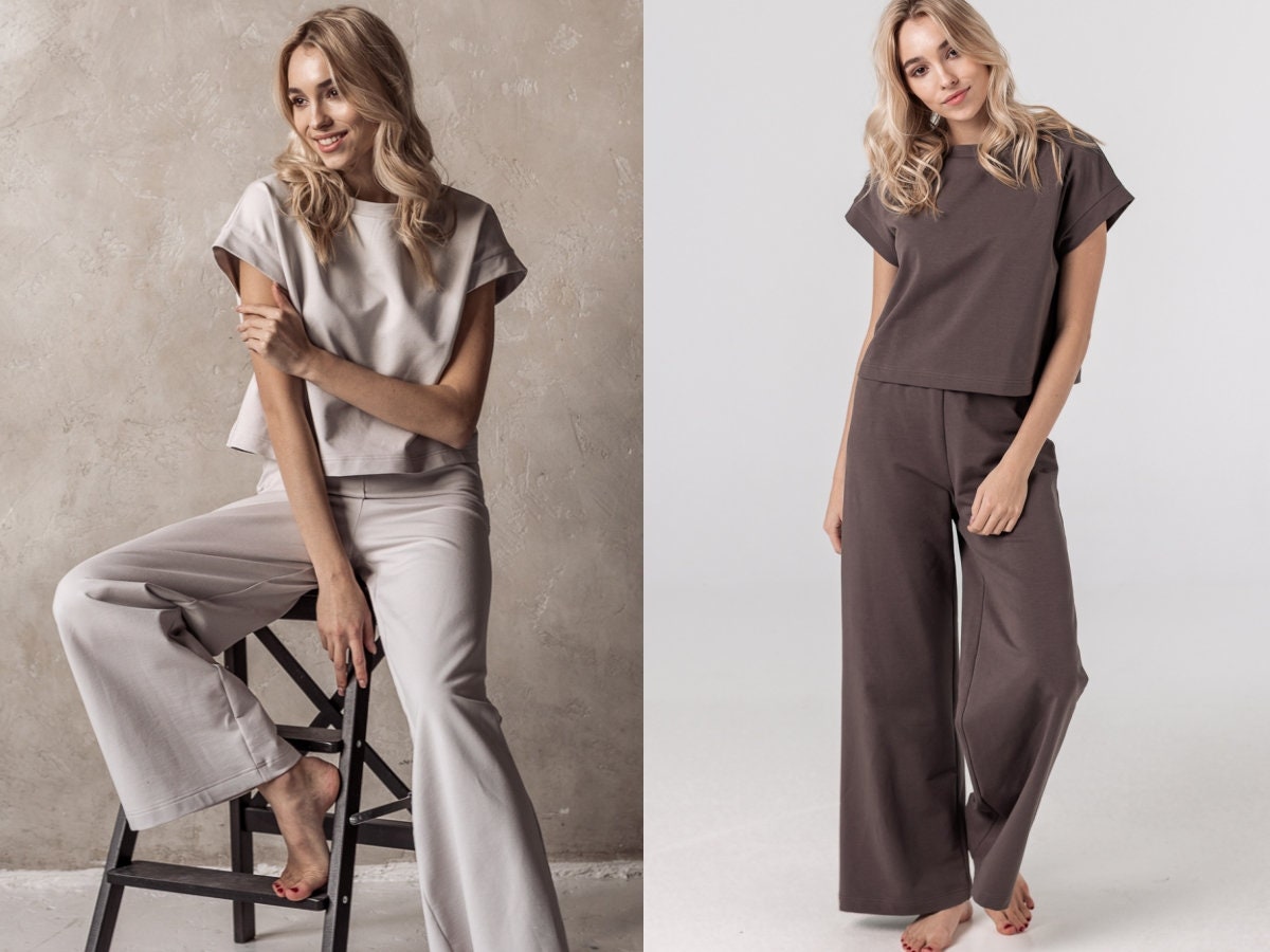 Adaline Damen Set Aus Bio-Baumwolle Palazzo Hose Und Hemd Hauskleidung Outdoor Wear Lounge Pyjama Schlafabnutzung von BalticBloom