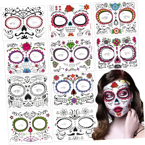 Baluue 10 Blatt Halloween Schädel Gesicht Sticker Temporäre Tattoos Körperkunst Aufkleber für Party Festival Day Of The Dead Cosplay Dekoration von Baluue