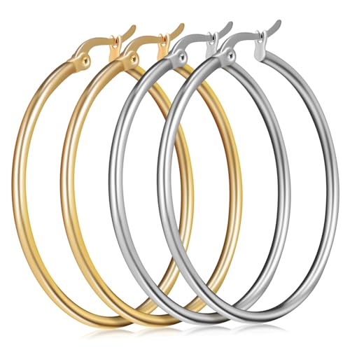 Baluue 2 Paare Extragroße Edelstahl Creolen Modische Statement Ohrhänger in Gold Silber Stylische Damen Mädchen ohrringe für Alltag Party Urlaub und Club Runde Hoop Earrings von Baluue