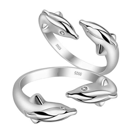 Baluue 2 STÜCK Verstellbarer Doppel delfin Ring aus Kupfer Damenring Offener Schmuck Elegant Poliert Komfortabel Modisch Geschenk für Frauen Alltag Party von Baluue