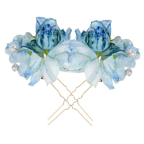 Baluue 2 Stück Elegante Blaue Blumen haarforke Haarnadeln mit Perlen Hochzeitsschmuck für Braut und Brautjungfern Vintage Inspiriertes Kopfstück für Festliche Anlässe von Baluue