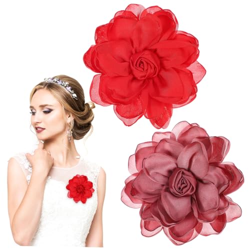 Baluue 2 Stück Handgefertigte Satin Rosen Brosche Blüten Anstecknadel für Damen Braut Corsage Hochzeit Party Stilvolle Stoffblume in und Rot zur Kleid Dekoration von Baluue