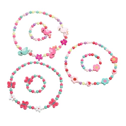 Baluue 3 Sätze Teiliges Schmuckset aus Holzperlen Verstellbares Armband und Halskette mit Blumen Flamingo Schmetterlingsdesign Elastisch Bunt für Mädchen DIY Modeschmuck von Baluue