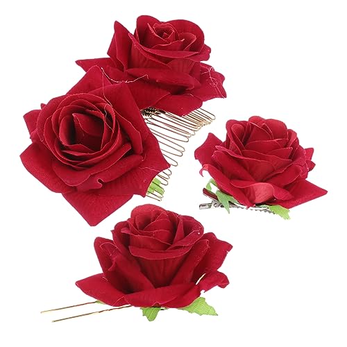 Baluue 3St Haarstock Hochzeitskopfschmuck für die Braut Rosenhaar Rosenclips für Haare Meerjungfrau Haargummi Haarspangen für Damen Rosenblütenhaar haarschmuck Haar Kamm rot von Baluue