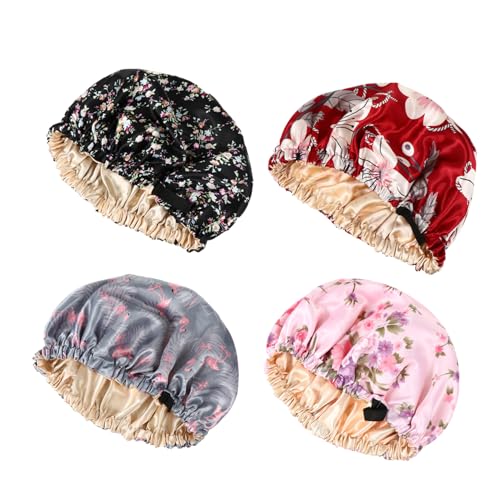 Baluue 4stücke Schlafmütze Für Damen Und Mädchen Satin-doppelschicht-duschhut Verstellbarer Hut Für Nachtschlaf Und Dusche von Baluue