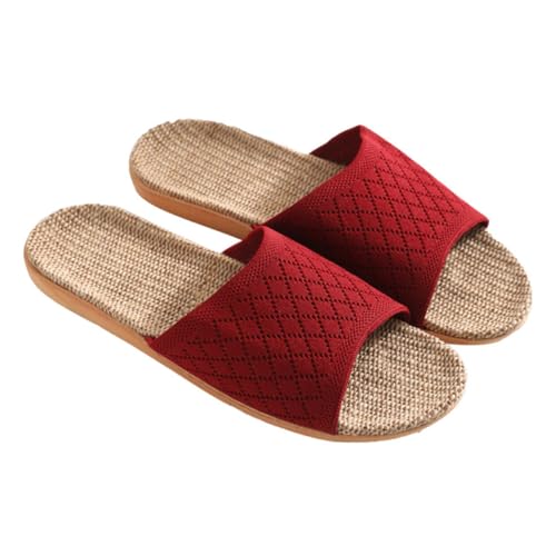 Baluue Atmungsaktive Leinen-hausschuhe Damen Frühling Sommer Rutschfeste Leichte Indoor-slipper aus Gestricktem Strapazierfähige Bodenschonende Freizeitpantoffeln Rot von Baluue