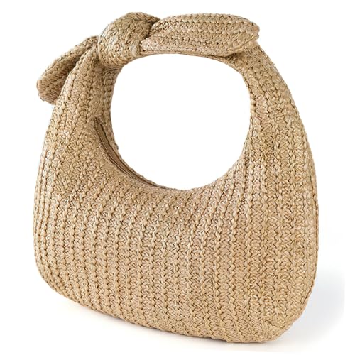 Baluue Beige Tasche Polyester Clutch Stroh Handtasche Schleife Geldbörse Sommer Strand Zubehör von Baluue