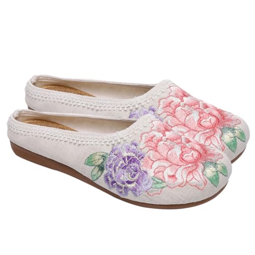 Baluue Bestickte Ethno Stil Damenschuhe mit Flacher Gummisohle Bequeme Baumwollstoff Schuhe Runde Zehen Modische Stickerei Flats für Frühling und Sommer Leichte Alltagsschuhe von Baluue