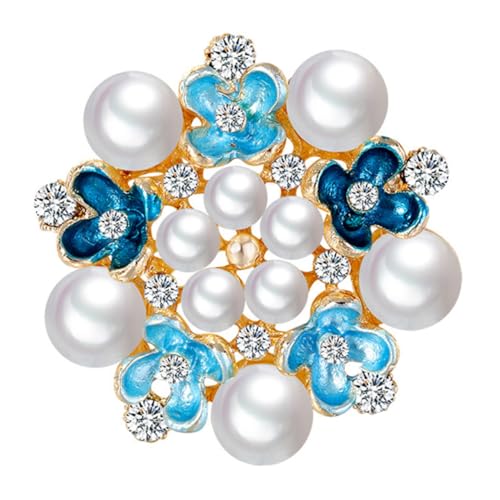Baluue Blaue Blumenbrosche mit Strass und Perlen Modische Anstecknadel für Damen Festlicher Schmuck für Hochzeit Party Brautkleid Langlebige Sichere Metalllegierung von Baluue