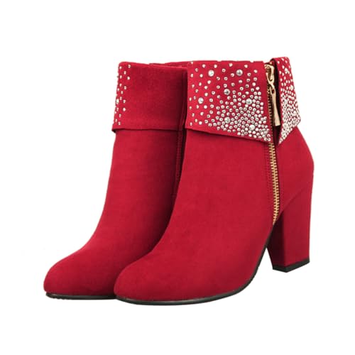 Baluue Chic Damen Kurzschaft Stiefeletten mit Strass Steinen Großer Blockabsatz Brautschuhe für Hochzeit Rutschfeste Winter Boots Elegante Ankle Booties für Party und Alltag von Baluue