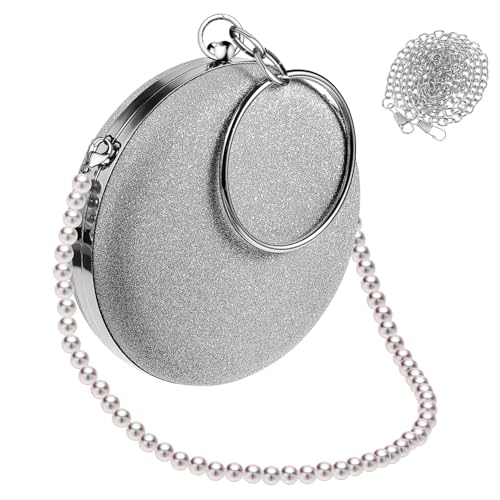 Baluue Damen Abendtasche Rund Elegant Cocktail Clutch mit Abnehmbarer Perlenkette Silbergrau Weiß für Hochzeit Party Abschlussball von Baluue