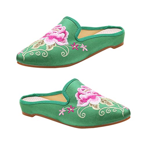Baluue Damen Bestickte Hausschuhe Ethno Stil Spitz Bequem Leicht Frauen Slippers Grün von Baluue
