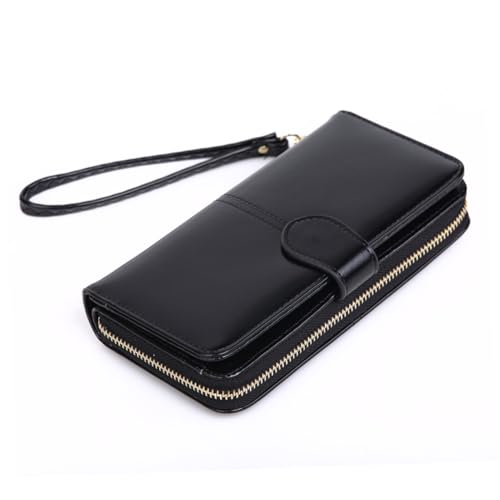 Baluue Damen Langformat Geldbörse aus Kunstmaterial mit Reißverschluss und Druckverschluss Große Kapazität Münzfach Stilvolle Schwarze Handtasche für Büro Party und Alltag als Geschenk von Baluue